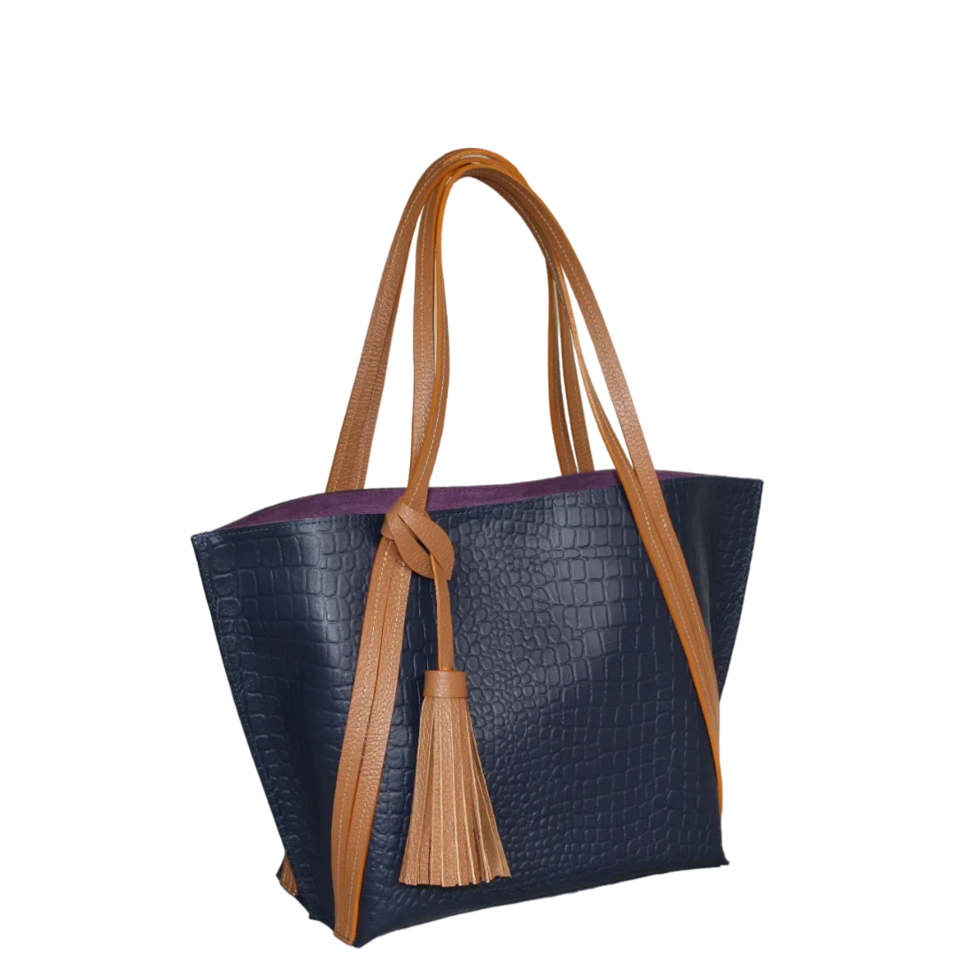 Sac à main Eleonora pour femme, en cuir bleu foncé façon reptile.