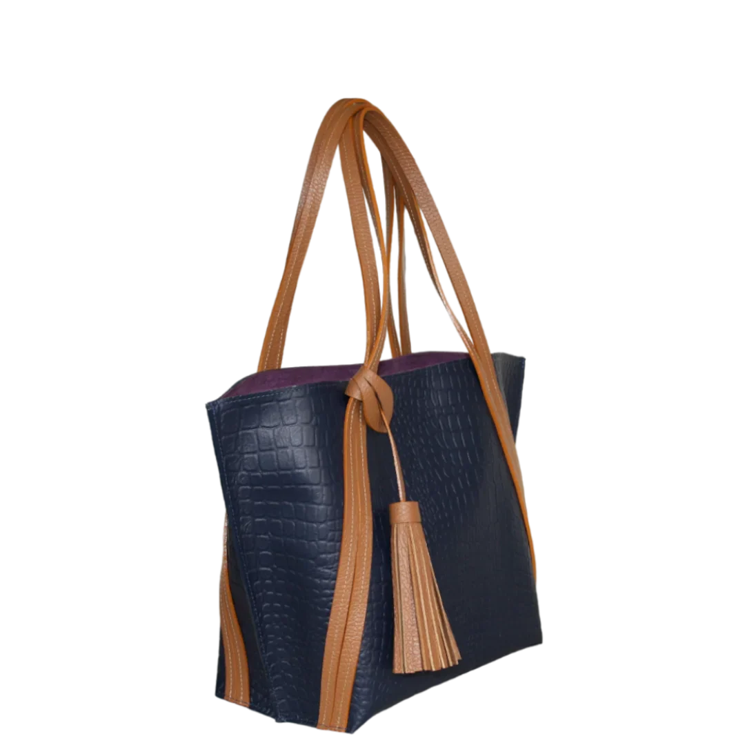 Sac à main Eleonora pour femme, en cuir bleu foncé façon reptile.