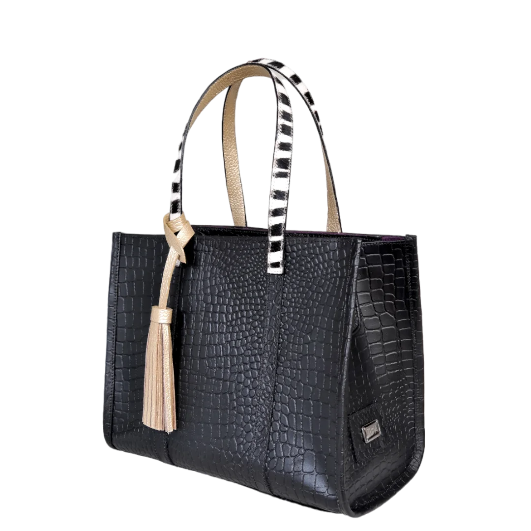 Sac à main Greta Reptile en cuir noir pour femme