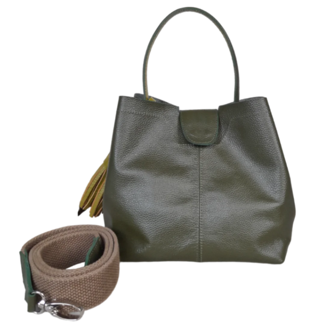 Sac Camila grand format en cuir vert olive pour femme