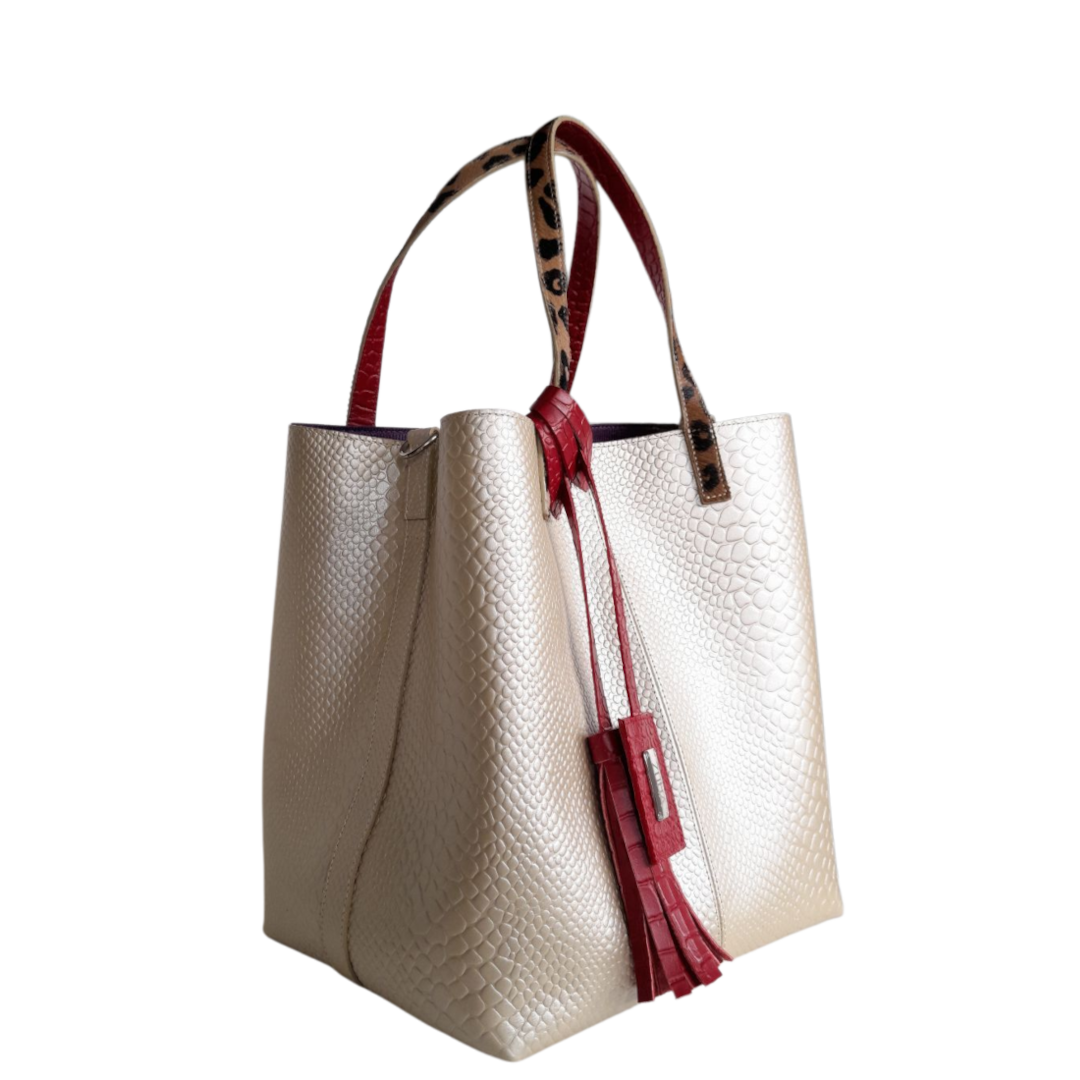 Sac à main Giulia Anaconda pour femme, en cuir couleur étain doré