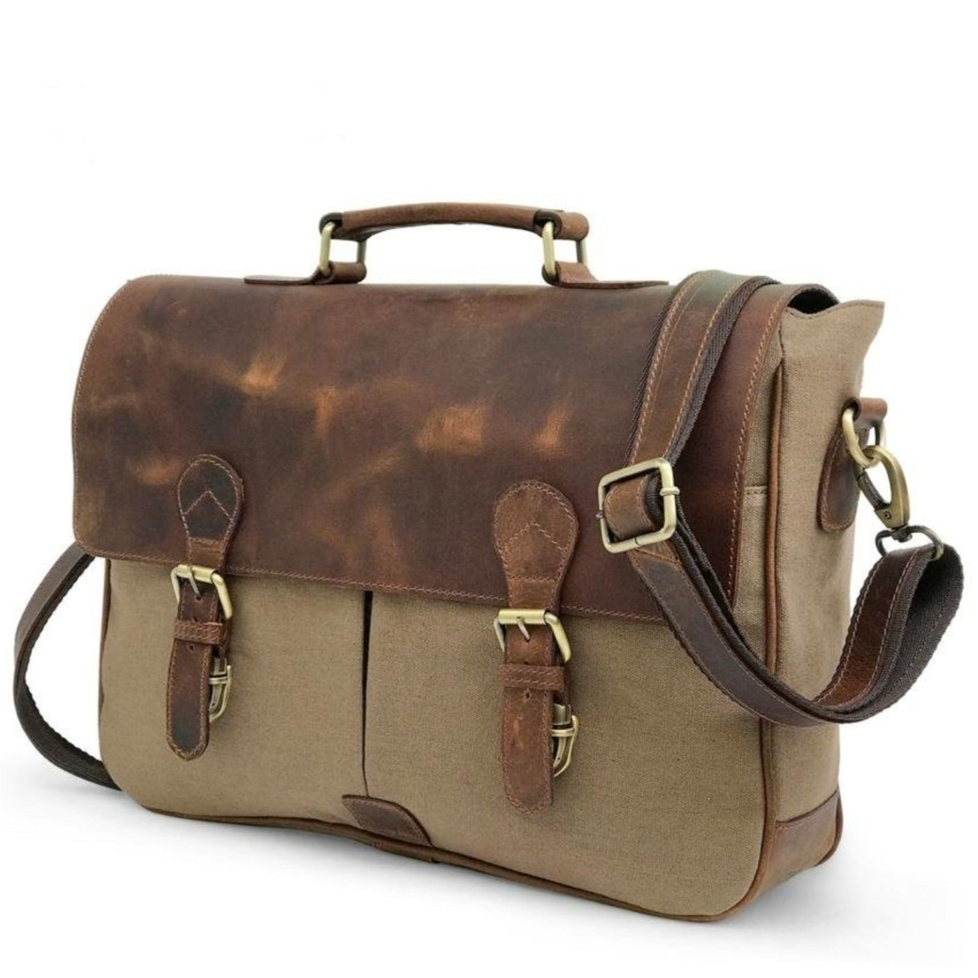 Sacoche pour ordinateur portable en toile et cuir marron chasseur
