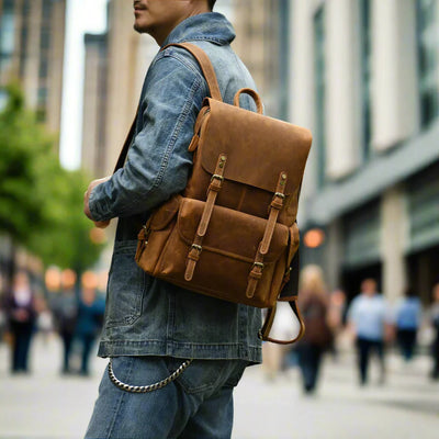 Sac à dos de voyage robuste en cuir véritable | Grand sac à dos marron