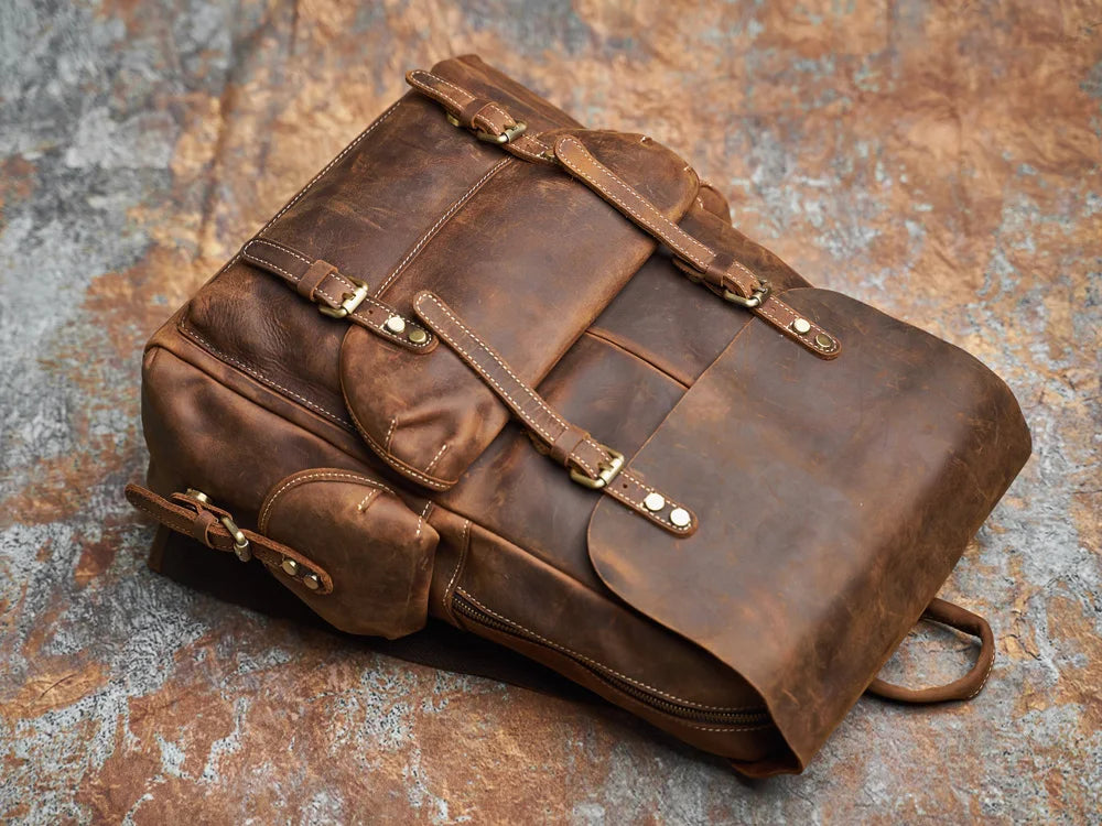 Sac à dos de voyage robuste en cuir véritable | Grand sac à dos marron