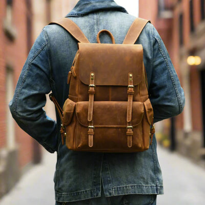 Sac à dos de voyage robuste en cuir véritable | Grand sac à dos marron