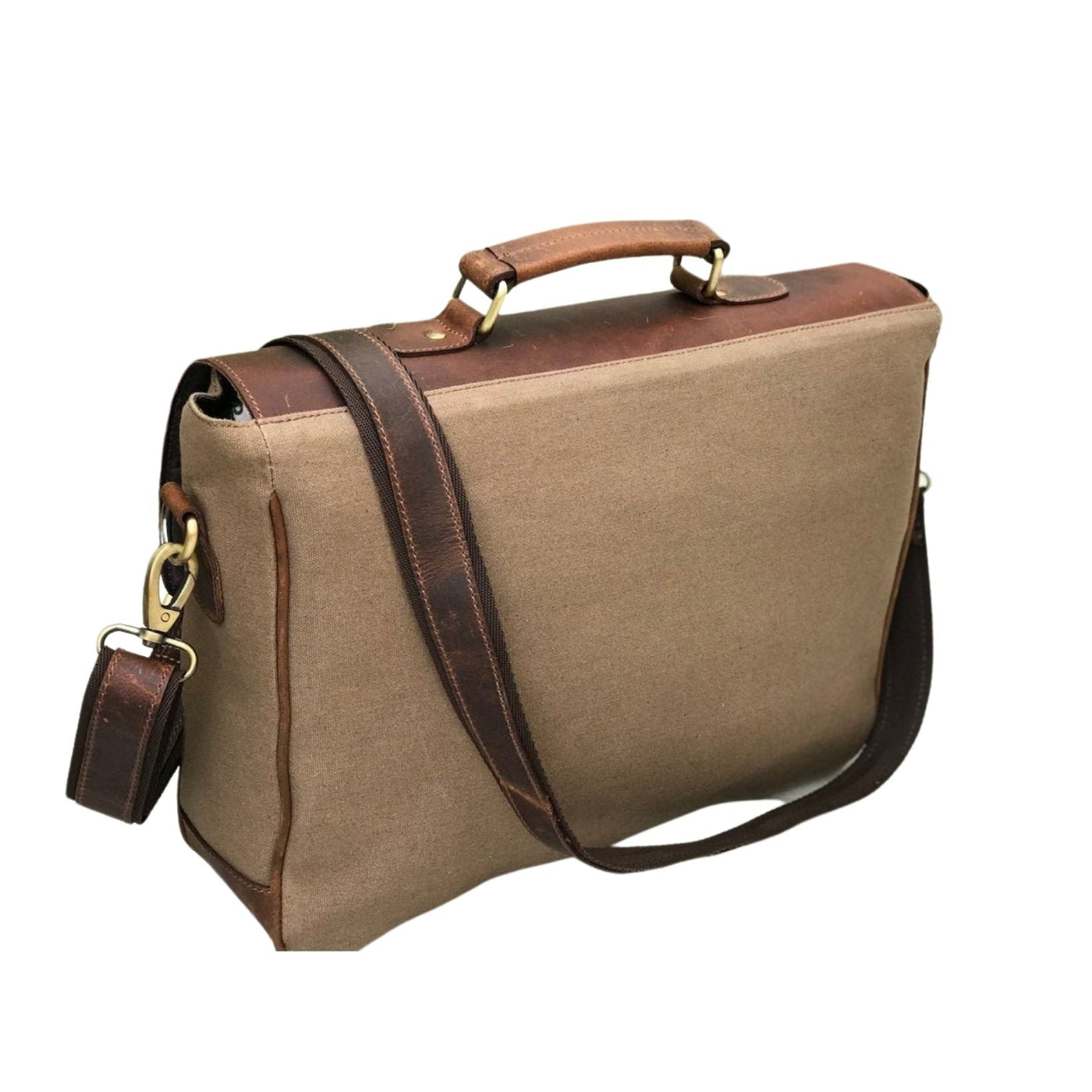 Sacoche pour ordinateur portable en toile et cuir marron chasseur