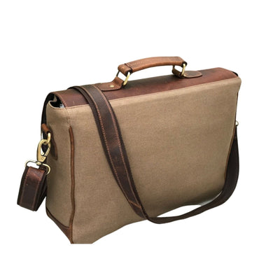 Sacoche pour ordinateur portable en toile et cuir marron chasseur